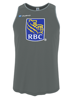 A grey sleeveless sports singlet by owayo featuring a blue and yellow RBC logo on the chest.